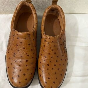 Women’s brown leather bootie ostrich print